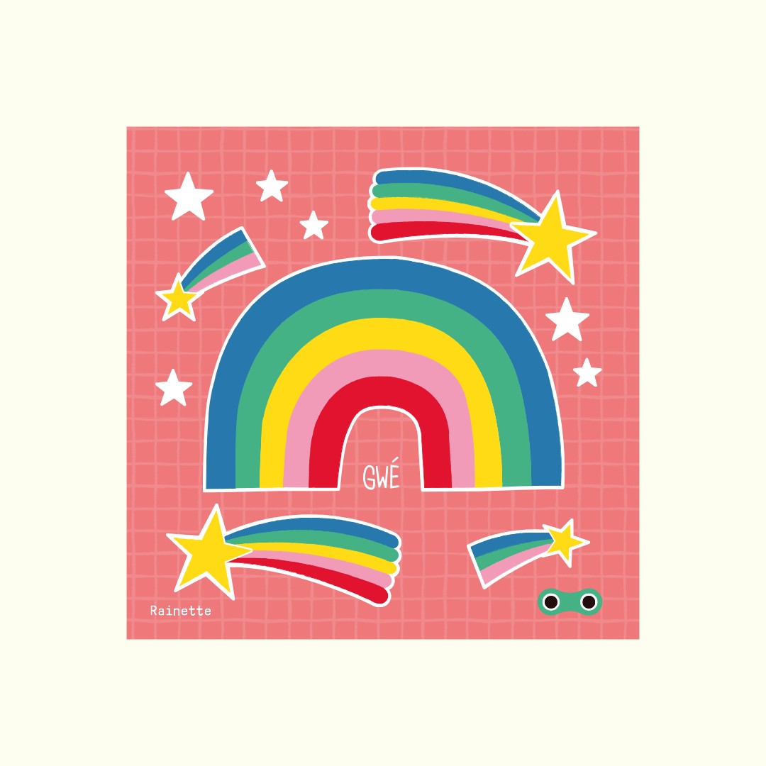 Rainette reflektierende Sticker mit Regenbogen, Sternen und bunten Streifen auf rosa Grund