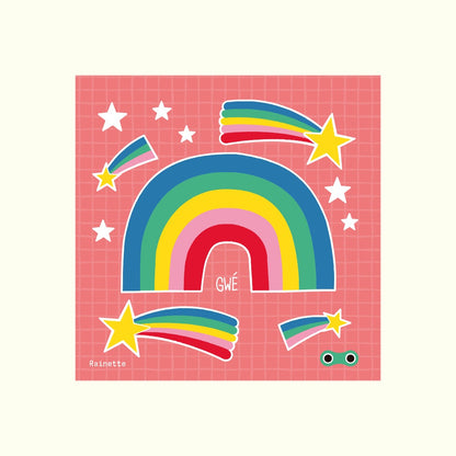 Rainette reflektierende Sticker mit Regenbogen, Sternen und bunten Streifen auf rosa Grund