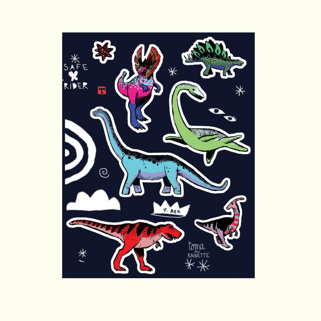 Rainette Sticker-Set mit bunten Dinosauriern und Motiven auf dunkelblauem Hintergrund