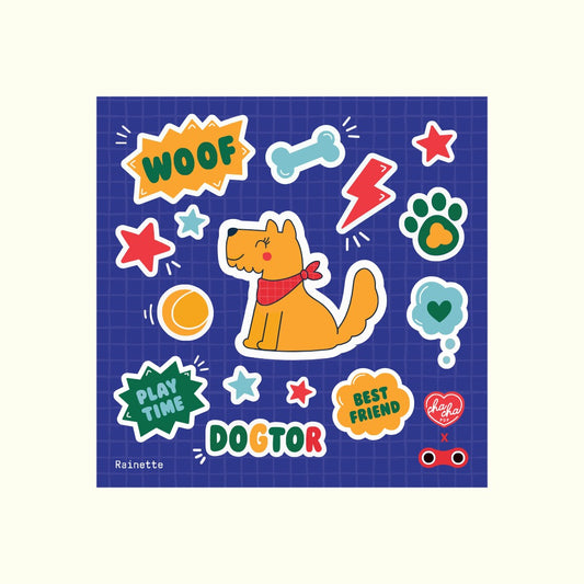 Rainette Stickerbogen Dogtor mit orangefarbenem Hund, Knochen, Sternen und Sprechblasen auf blauem Gittergrund