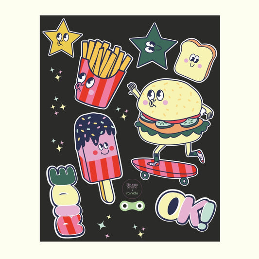 Rainette reflektierende Sticker mit Pommes, Burger, Eis und Toast mit Gesichtern auf schwarzem Grund