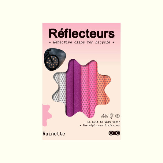 Verpackung der Rainette Speichenreflektoren mit Stäben in Weiß, Lila, Pink und Apricot