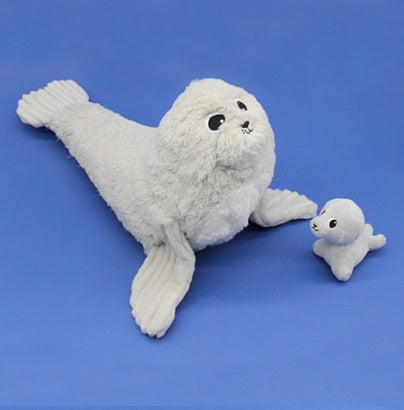 Plüschrobben Mama und Baby von Les Déglingos Ptipotos, grau meliert, 35 cm groß