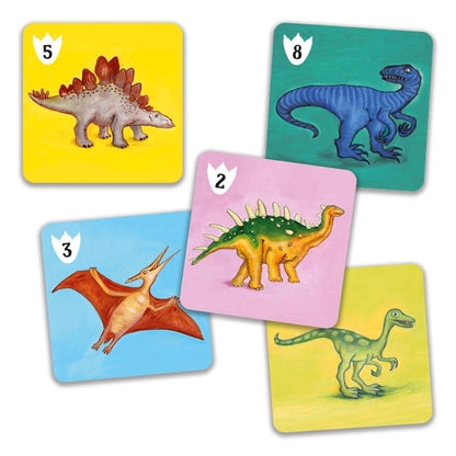 Djeco Kartenspiel Batasaurus mit bunten Dinosaurier-Illustrationen im Quartett-Stil