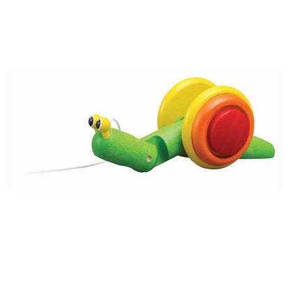 Holz-Nachziehtier Schnecke von PlanToys mit drehendem buntem Schneckenhaus und Zugleine