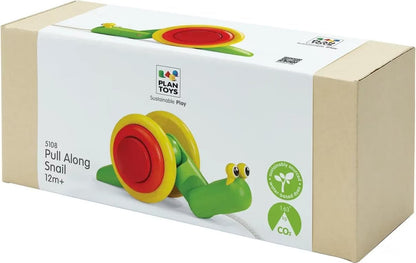 Holz-Nachziehtier Schnecke von PlanToys mit drehendem buntem Schneckenhaus und Zugleine