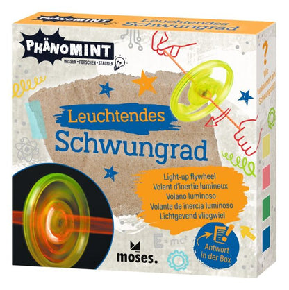 Leuchtendes Schwungrad von Moses mit LED-Lichtspielen beim Drehen, dynamo-betrieben