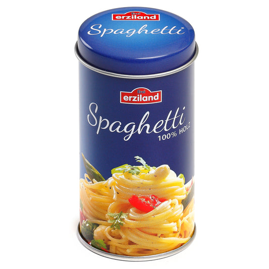 Erzi Holz-Spaghetti in der geschlossenen blauen Dose mit Spaghetti-Etikett, Packshot