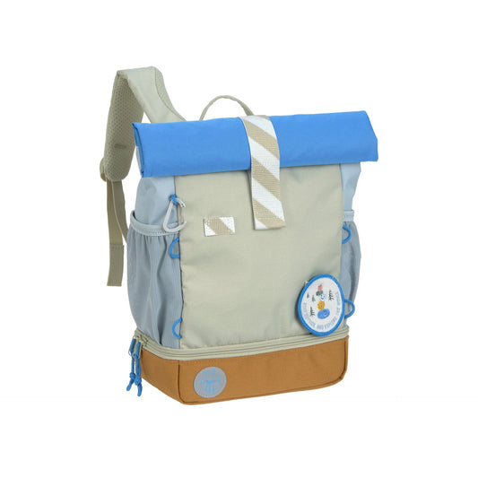 Lässig Kindergartenrucksack Rolltop Sunny Explorer in Grün und Blau mit Explorer-Motiv