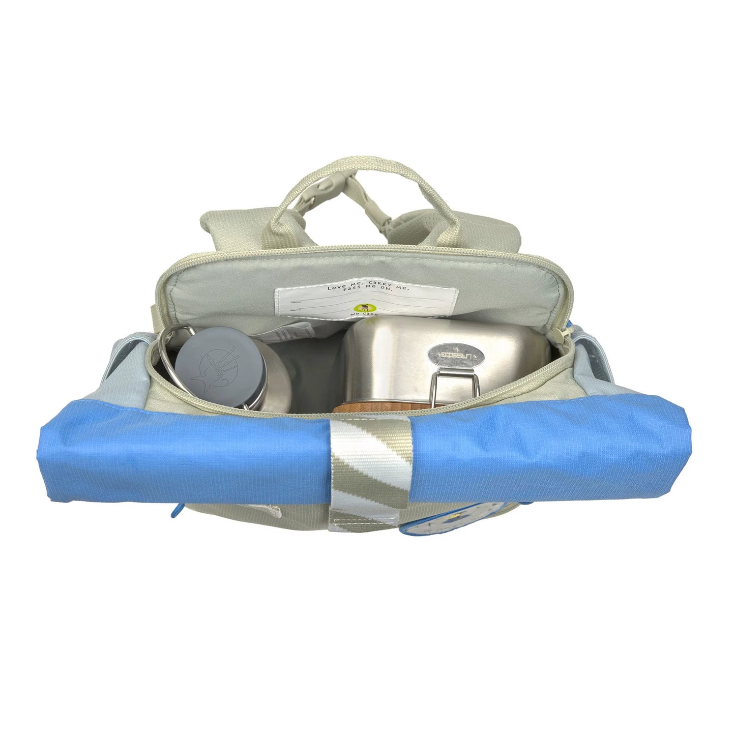 Lässig Kindergartenrucksack Rolltop Sunny Explorer in Grün und Blau mit Explorer-Motiv