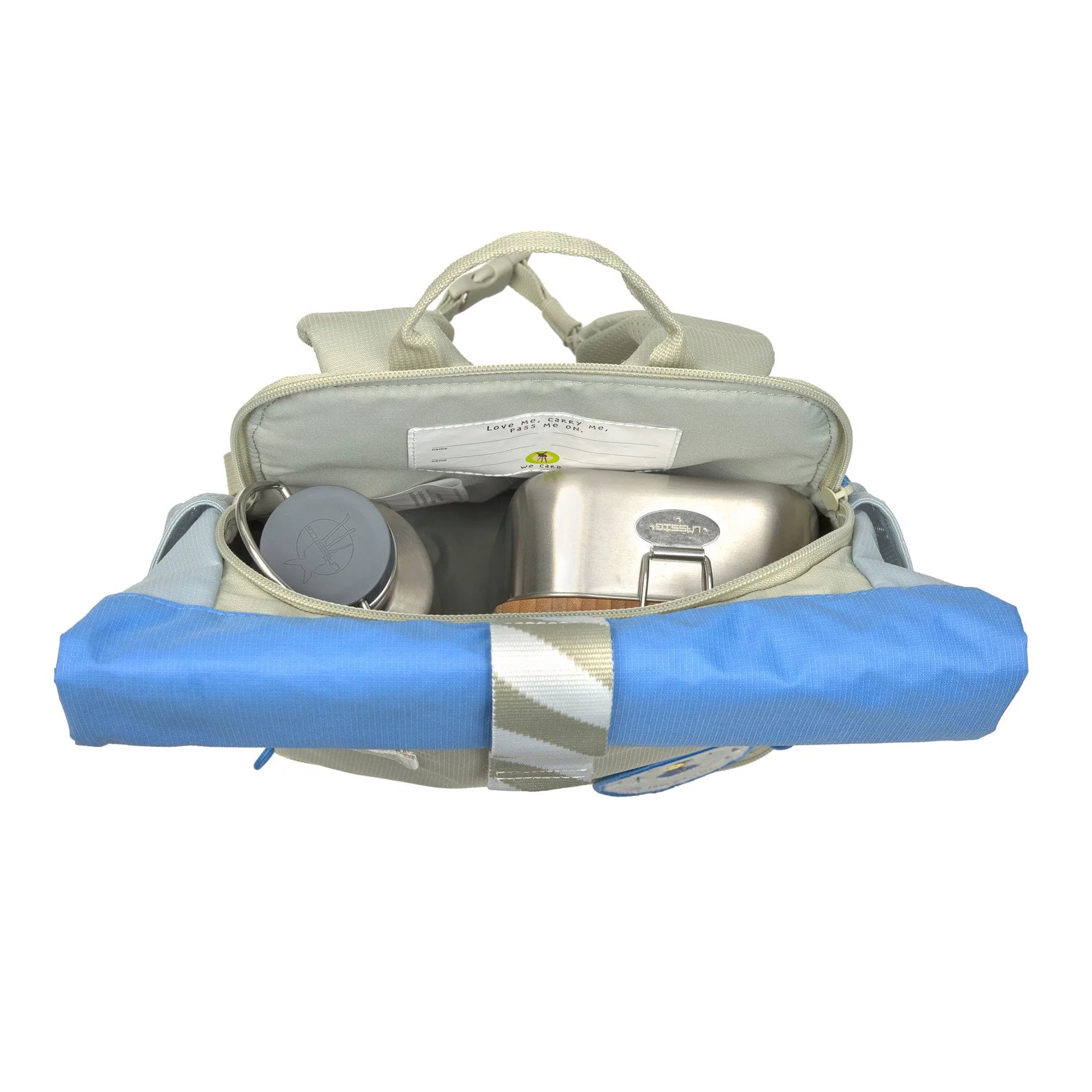 Lässig Kindergartenrucksack Rolltop Sunny Explorer in Grün und Blau mit Explorer-Motiv