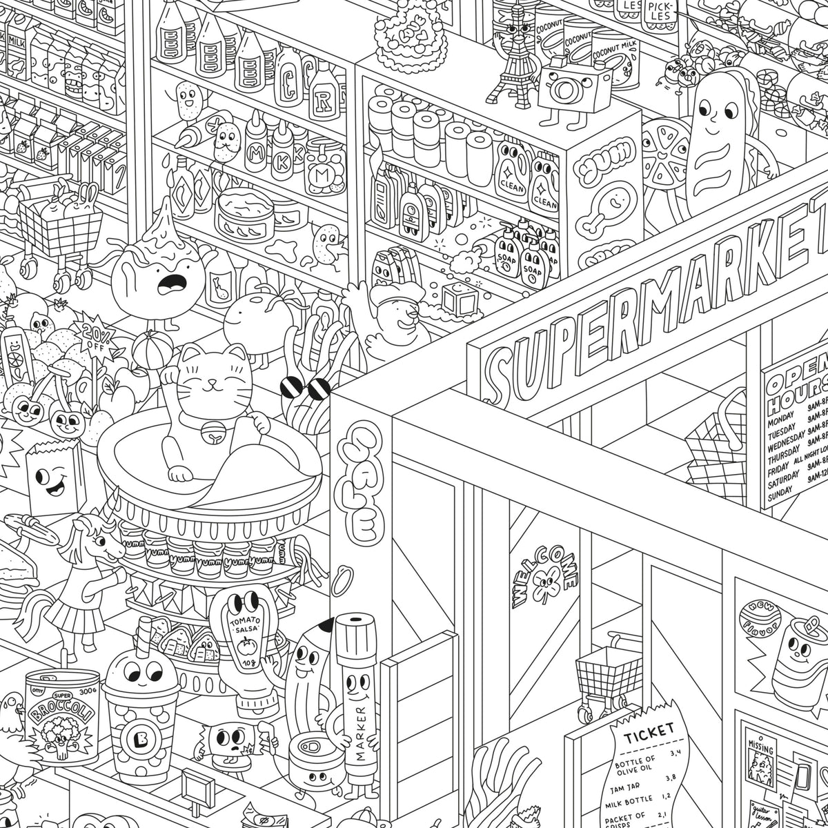 OMY Supermarkt-Riesen-Ausmalposter, schwarzweißes Wimmelbild mit Supermarktszene, bunte Charaktere und Produkte zum Ausmalen
