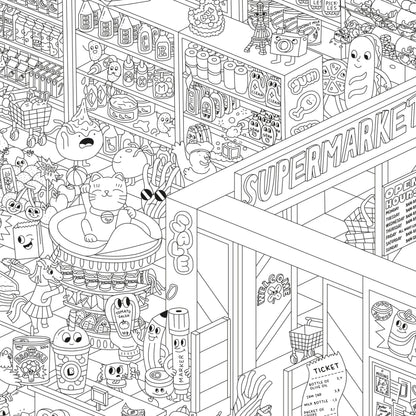 OMY Supermarkt-Riesen-Ausmalposter, schwarzweißes Wimmelbild mit Supermarktszene, bunte Charaktere und Produkte zum Ausmalen