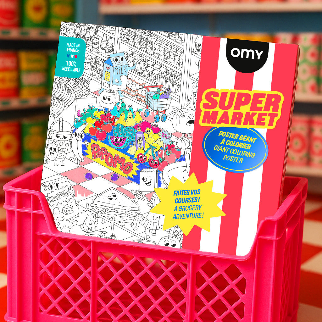 OMY Supermarkt-Ausmalposter in pink-rotem Kunststoffbehälter auf Verkaufsständer