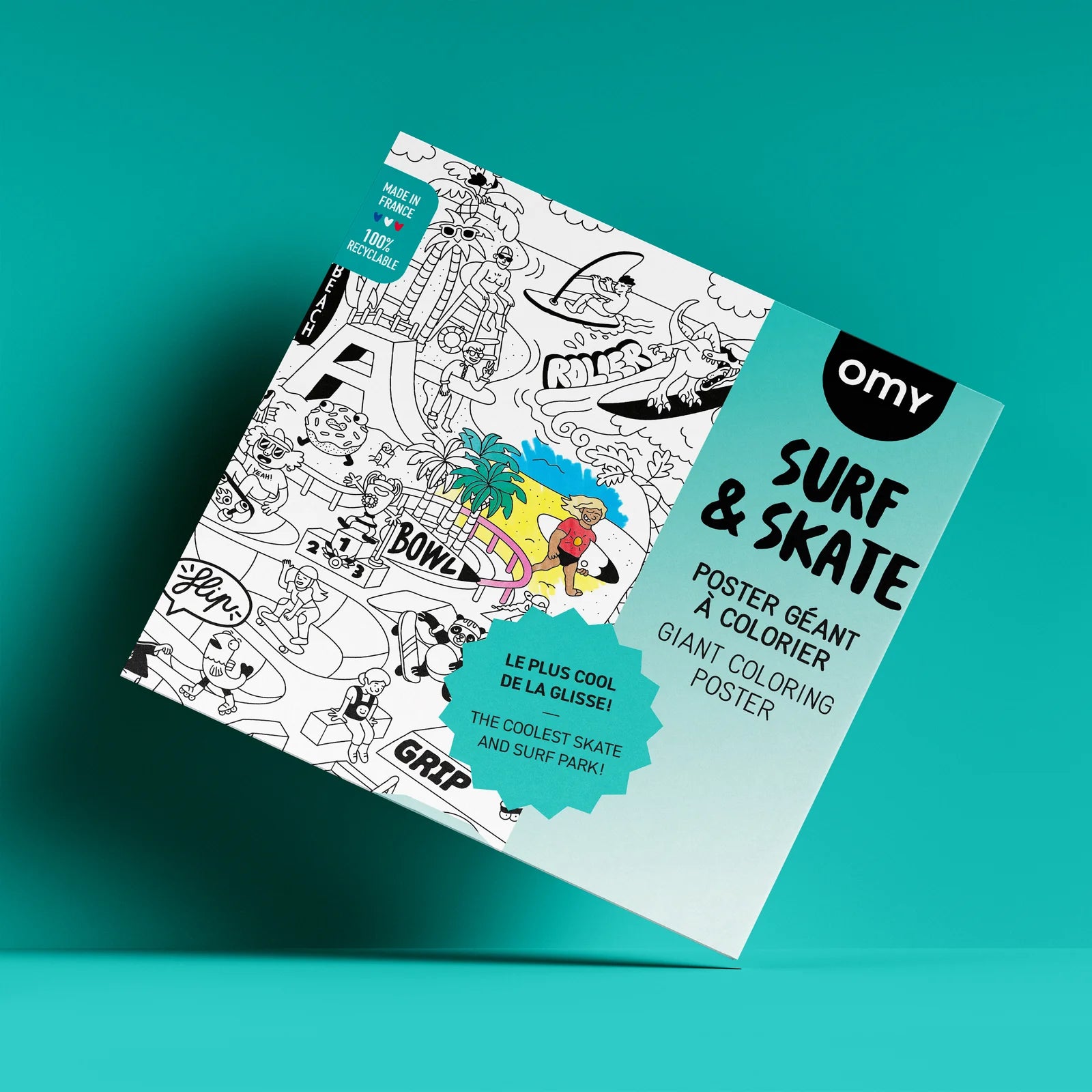 Riesen-Ausmalposter Surf & Skate von OMY mit detaillierten Skateboards und Surfmotiven zum Ausmalen