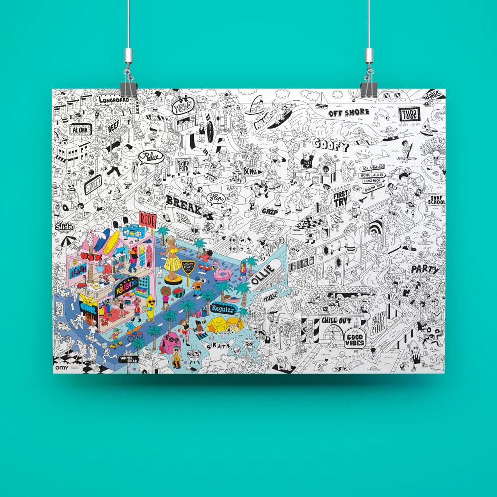 Riesen-Ausmalposter Surf & Skate von OMY mit detaillierten Skateboards und Surfmotiven zum Ausmalen