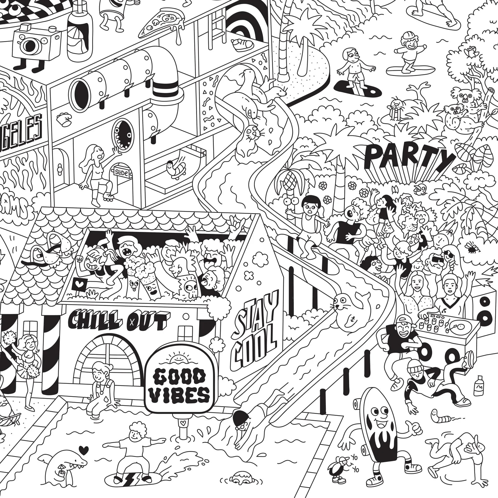 Riesen-Ausmalposter Surf & Skate von OMY mit detaillierten Skateboards und Surfmotiven zum Ausmalen