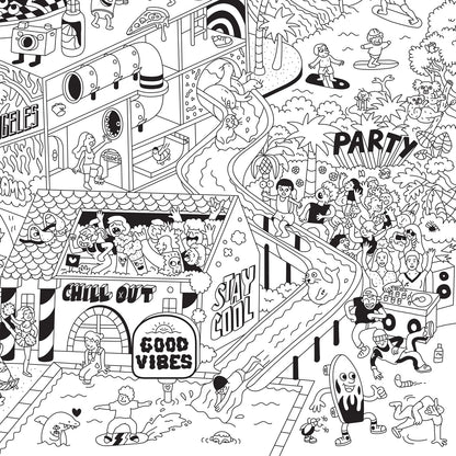 Riesen-Ausmalposter Surf & Skate von OMY mit detaillierten Skateboards und Surfmotiven zum Ausmalen