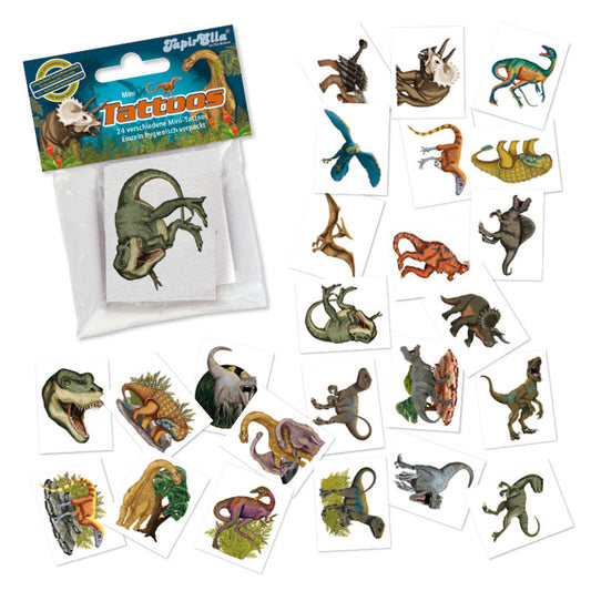 Lutz Mauder Dinosaurier Mini-Tattoo-Set mit 24 bunten Tattoostickern in transparenter Verpackung mit blauer Banderole