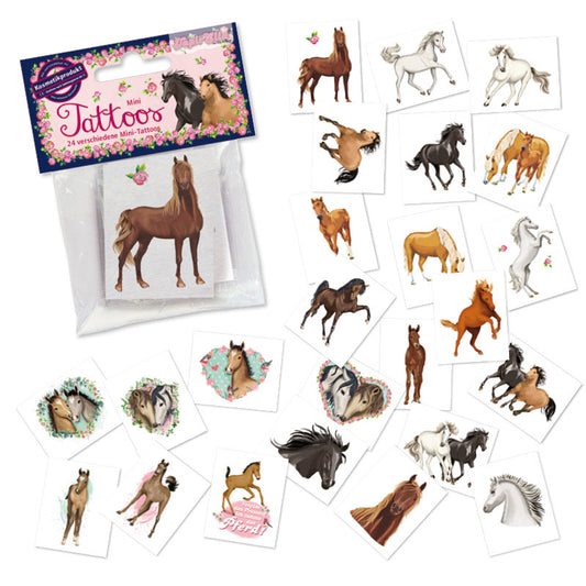 Lutz Mauder Mini-Tattoo-Set Pferde mit 24 Pferdemotiven auf weißen Karten und Verpackung