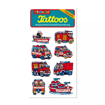 Feuerwehr-Tattoos von Lutz Mauder mit bunten Motiven von Einsatzfahrzeugen und Feuerwehrmännern