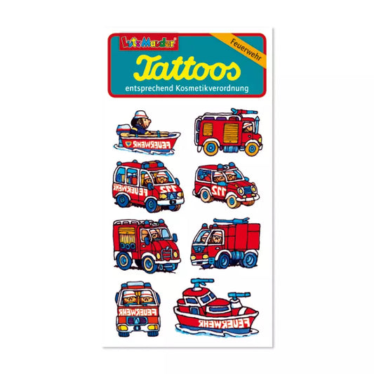 Feuerwehr-Tattoos von Lutz Mauder mit bunten Motiven von Einsatzfahrzeugen und Feuerwehrmännern