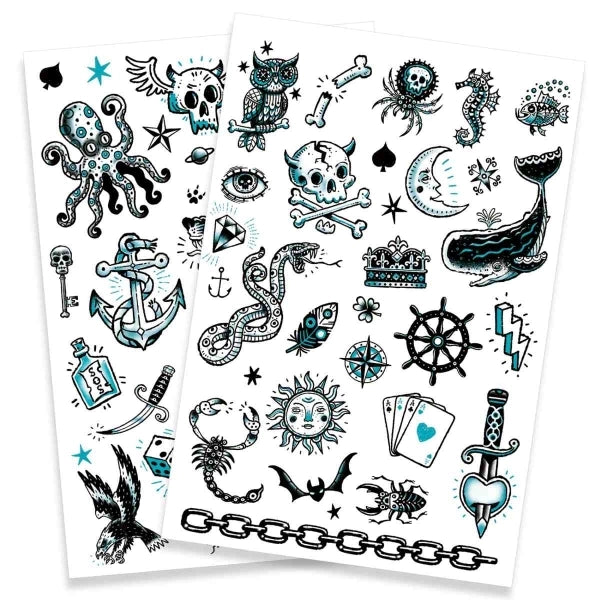 Temporäre Tattoos Djeco Dark side mit Totenkopf-, Schlangen- und Symboldruck