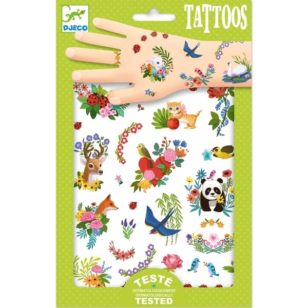 Temporäre Tattoos Djeco Fröhlicher Frühling mit bunten Blüten und Schmetterlingen