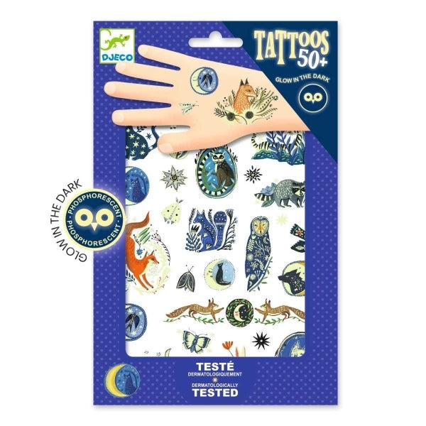 Temporäre Tattoos Djeco Nachtschimmer mit leuchtenden Motiven, im Dunkeln schimmernd