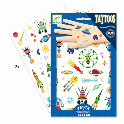 Temporäre Weltraum-Tattoos Djeco Space Oddity mit Raketen, Planeten und Sternen
