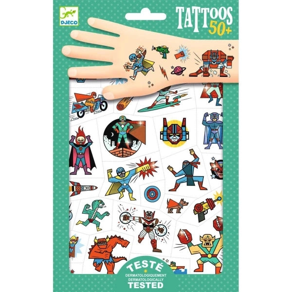 Djeco Superhelden-Tattoos mit bunten Heldenfiguren, Masken und Umhängen
