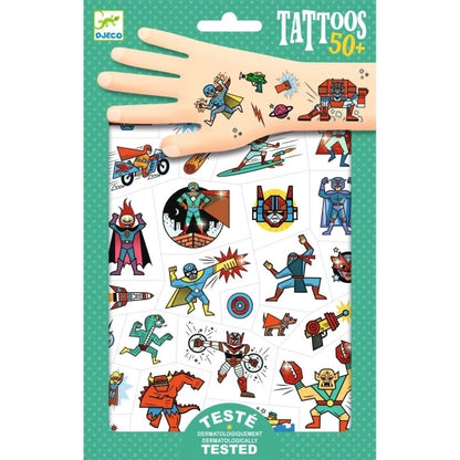 Djeco Superhelden-Tattoos mit bunten Heldenfiguren, Masken und Umhängen
