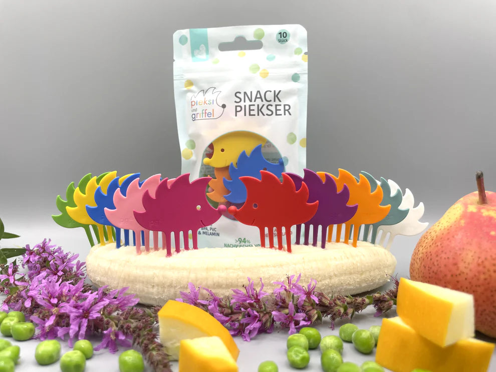 Zehn bunte Igel-Piekser Top Ten von pieksi und griffel in Rot, Gelb, Grün, Pink, Orange, Blau und Lila
