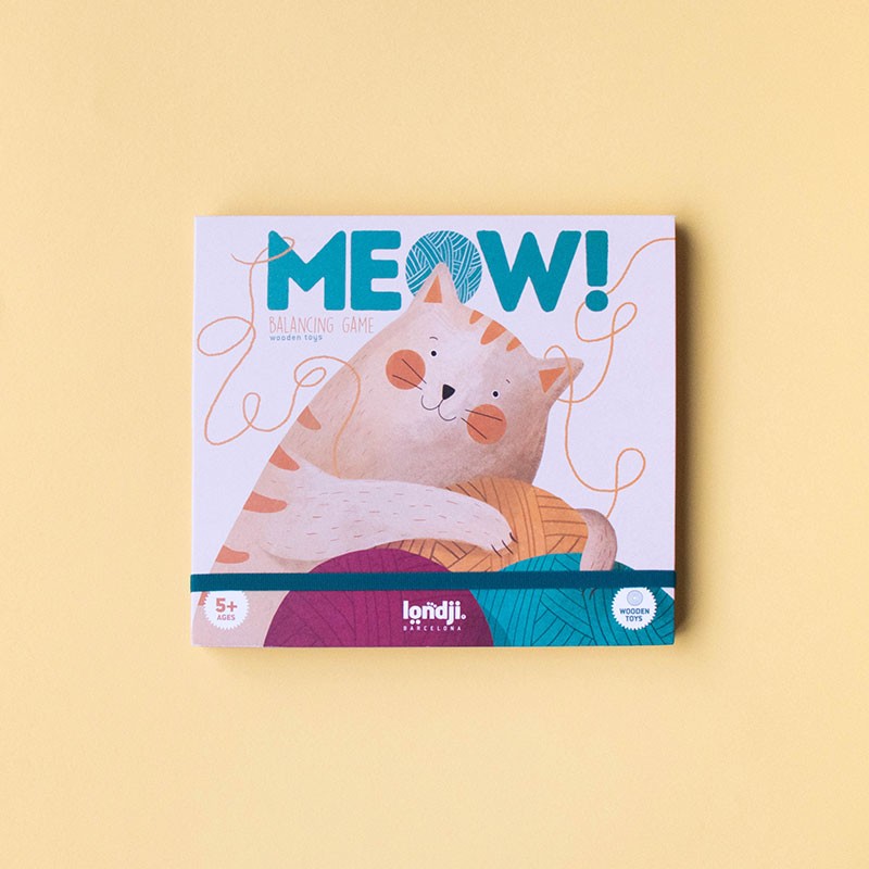 Verpackung des Londji Meow Spielzeugs mit beiger Katze und Schriftzug auf hellem Hintergrund