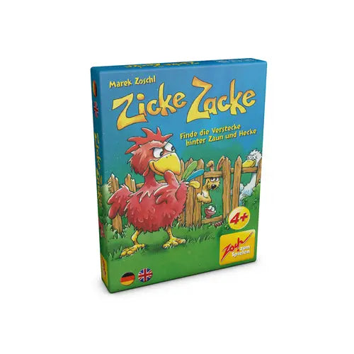 Zicke Zacke Gedächtnisspiel von Zoch mit bunten Holz-Hühnerfiguren und Spielkarten