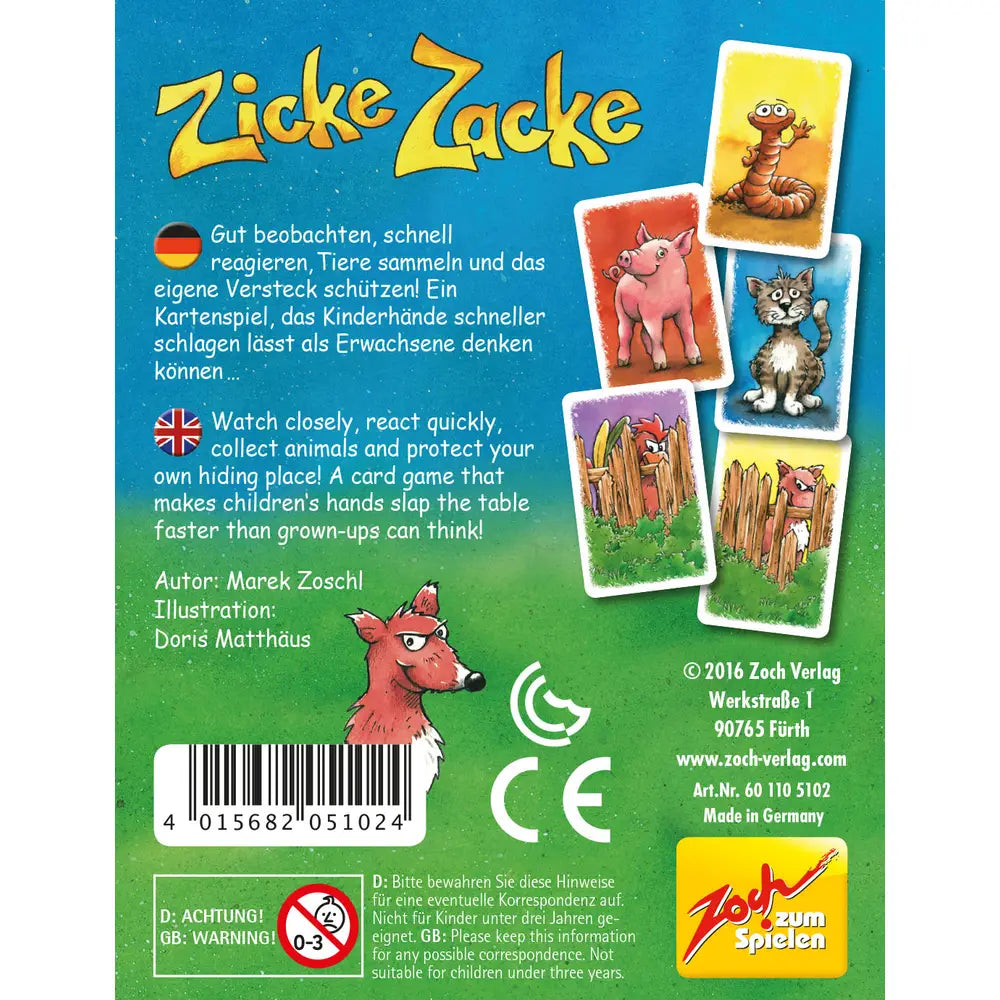 Zicke Zacke Gedächtnisspiel von Zoch mit bunten Holz-Hühnerfiguren und Spielkarten