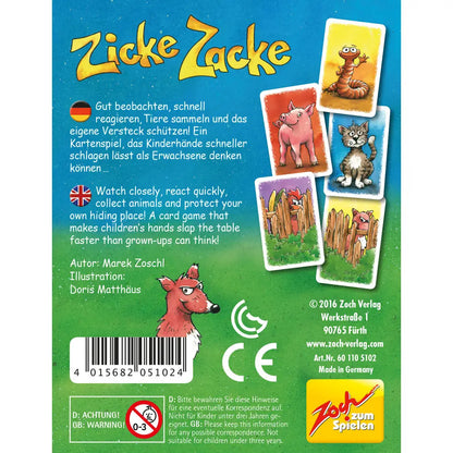 Zicke Zacke Gedächtnisspiel von Zoch mit bunten Holz-Hühnerfiguren und Spielkarten