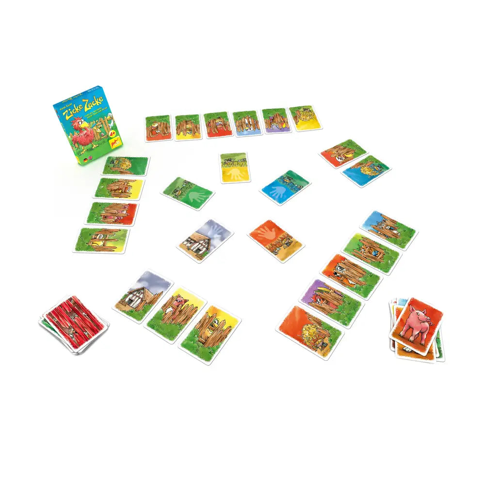 Zicke Zacke Gedächtnisspiel von Zoch mit bunten Holz-Hühnerfiguren und Spielkarten